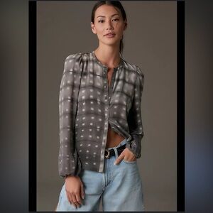 CURRENT/ ELLIOTT Peasant Silk Blouse Gray Sheer Button-Up